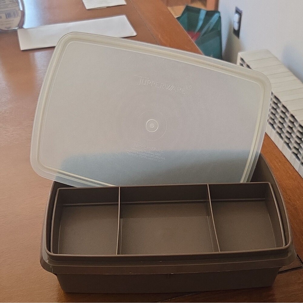Tupperware Tuppercraft Rectangular Divided Container Snap Lid Brown/White 767ml
